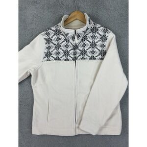 LL Bean Jacket Womens Large White Gray Fair Isle Sweater Fleece Full Zip Pockets